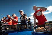 Saturday, September 24, 2022 - Nicholas Wehry, of Tampa, FL, right, scarfs down a Pork Roll sandwich in The Trenton Thunder World Famous Case's Pork Roll Eating Championship during The 7th annual Trenton RiverFest held at Trenton Thunder Ballpark. Wehry came in 2nd. 1st place winner is directly to Wehry. right, Geoffrey Esper, of Oxford, MA.