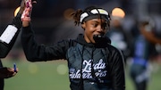 Arianna Clark (13) of Mastery Camden celebrates after scoring a touchdown during a flag football game against Camden Catholic at Rutgers University-Camden, Tuesday, April 8, 2025