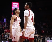 Rutgers guard Dylan Harper (2) and guard Ace Bailey (4) react as Iowa dribbles out the clock, Wednesday, Feb. 12, 2025, in Piscataway, N.J. The Hawkeyes won, 84-73.