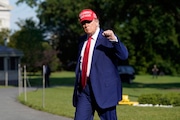 President Donald Trump walks on the South Lawn upon arriving at the White House, Saturday, June 21, 2025, in Washington. (AP Photo/Jose Luis Magana)