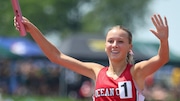 Carly Godfrey of Ocean City reacts after she ran the anchor leg to win the girls 4x800 meter relay at the 2025 NJSIAA Meet of Champions, Wednesday, June 4, 2025, in Pennsauken, N.J.