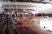 Toilet paper and other items are strewn throughout South River High School's gym following a senior prank that resulted in the school closing on June 12, 2025, South River, New Jersey