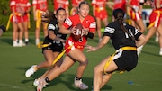 Ava Valente (1) of Kingsway runs the ball during the West Jersey Football League Flag Football Championship at the Nova Care Center in Philadelphia, PA. on Saturday, June 1, 2024.