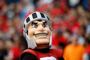 The Rutgers Scarlet Knight mascot stands on the field in the first half of an NCAA college football game between Rutgers and Maryland , Saturday, Oct. 13, 2018, in College Park, Md. (AP Photo/Patrick Semansky)