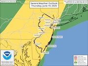 Areas shaded in yellow have a slight risk of getting severe thunderstorms with damaging winds on Thursday, June 19. Slight is the second lowest threat level on a 5-point severity scale.
