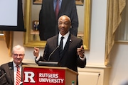 New Jersey governor Phil Murphy, left, and Rutgers president William F. Tate IV, right, at Rutgers university Winants Hall on Monday, May 19, 2025.