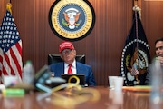 In this image provided by the White House, President Donald Trump and Secretary of State Marco Rubio, right, sit in the Situation Room, Saturday, June 21, 2025, at the White House in Washington. (The White House via AP)