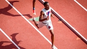 Jevon Ledgister runs the anchor leg for Saint Peter's Prep 4x400 relay at the Penn Relays, Thursday, April 24 2025, in Philadelphia.