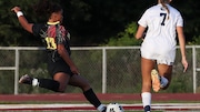 Ella Ortiz (13) of Voorhees shoots and scores against Delaware Valley during the girls soccer game at Voorhees High School on Thursday, September 21, 2023.