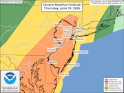 The threat level for severe thunderstorms in New Jersey has risen higher for Thursday, June 19. Almost the entire state now has an enhanced risk, which is the third highest threat level on a 5-point severity scale used by the Storm Prediction Center.