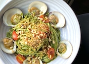 This lingini with pesto and clams was inpired by chef Joey Sergentakis's granmother. Photographed at Charlie's Place in Waldwick, New Jersey, on May, 1, 2025.