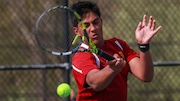Shrenik Rakshit of Voorhees during the Hunterdon/Warren/Sussex Boys Tennis Tournament finals at Warren Hills High School in Washington, NJ on Monday, April 22, 2024