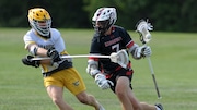 Jake Mason (7) of Kingsway moves the ball with JD Steidle (7) of Clearview defending during the boys lacrosse Gloucester County Cup game at Clearview Regional High School in Harrison Township, Friday, May 19, 2023.