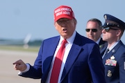 President Donald Trump speaks as he arrives at Joint Base Andrews, Md., Saturday, June 21, 2025. (AP Photo/Manuel Balce Ceneta)
