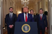 President Donald Trump speaks from the East Room of the White House in Washington, Saturday, June 21, 2025, after the U.S. military struck three Iranian nuclear and military sites, directly joining Israel's effort to decapitate the country's nuclear program, as Vice President JD Vance, Secretary of State Marco Rubio and Defense Secretary Pete Hegseth listen. (Carlos Barria/Pool via AP)