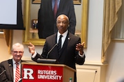 New Jersey governor Phil Murphy, left, and Rutgers president William F. Tate IV, right, at Rutgers university Winants Hall on Monday, May 19, 2025.
