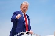 President Donald Trump gestures as he boards Air Force One at Joint Base Andrews, Md., Friday, June 20, 2025. (AP Photo/Manuel Balce Ceneta)