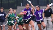Rumson-Fair Haven’s Victoria Santos (8) reacts as her teammate Stella Saad (16) takes it to the house for a 62-yard catch and score in the first half of the Shore Conference Flag Football championship against Pinelands, Tuesday, May 27, 2025 in Rumson, N.J. R-FH won, 18-12.