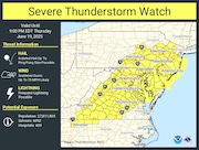 Areas shaded in yellow are under a severe thunderstorm watch Thursday afternoon through 9 p.m. Thursday because of strong storm cells moving across the region. A separate thunderstorm watch includes New York City and the New Jersey counties of Bergen, Essex, Hudson, Passaic and Union.