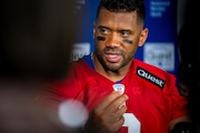 New York Giants quarterback Russell Wilson (3) speaks at a press conference after the NFL football team's training camp, Tuesday, June 17, 2025, in East Rutherford, N.J. (AP Photo/Angelina Katsanis) AP