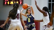 Delaware Valley's Elana Falkenstein (2) looks to pass under pressure from Phillipsburg’s defense during the 2nd round of the Hunterdon/Warren/Sussex girls basketball tournament on Jan. 31, 2023.